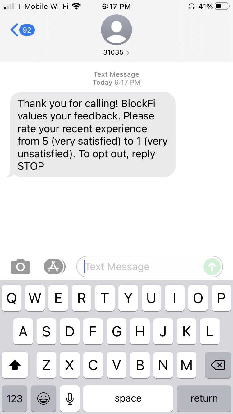 Short Code Blockfi text messaging